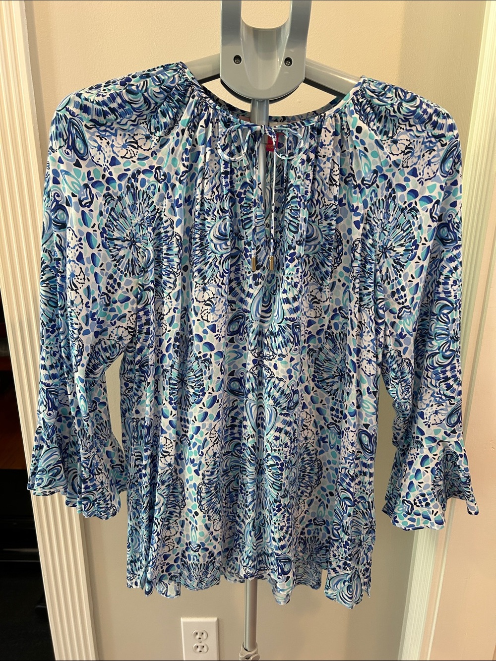 Lilly Pulitzer Blue & Teal Floral Willa Tunic Top with Bell Sleeve